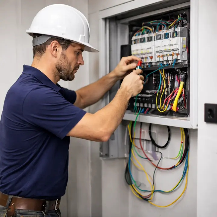 An electrician working on an electrical panel