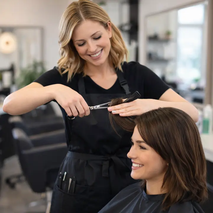 A hairdresser cutting a customer's hair