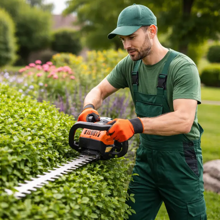 A landscaper trimming a garden hedge