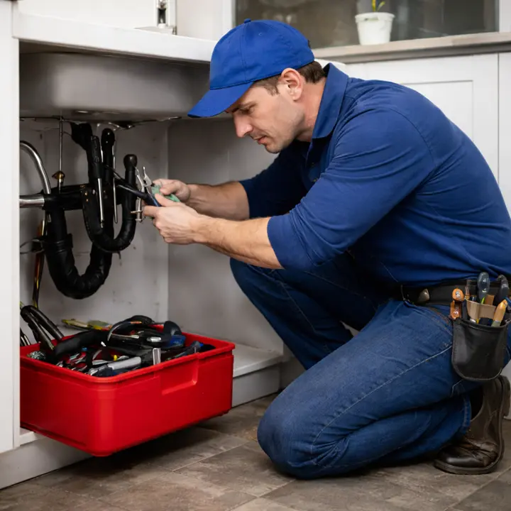 A plumber repairing a customer's sink