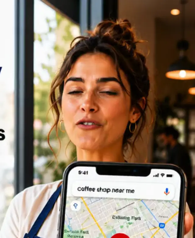 A coffee shop owner holding a phone with a local map search